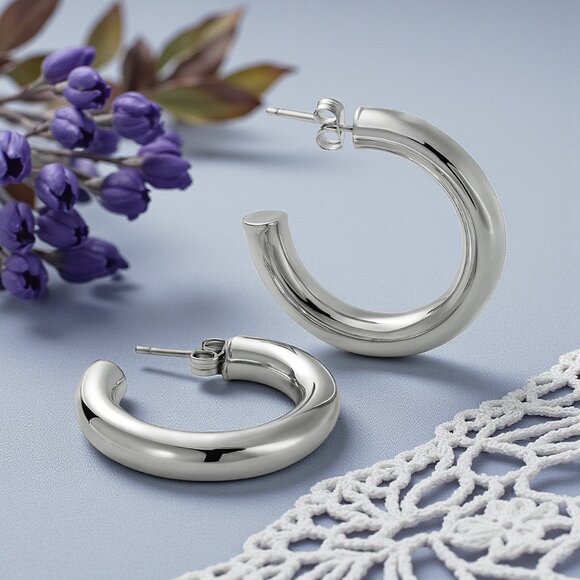🆕️Chunky C Hoop Earrings 18K White Gold Plated Stainless Steel Minimalist - Picture 1 of 13